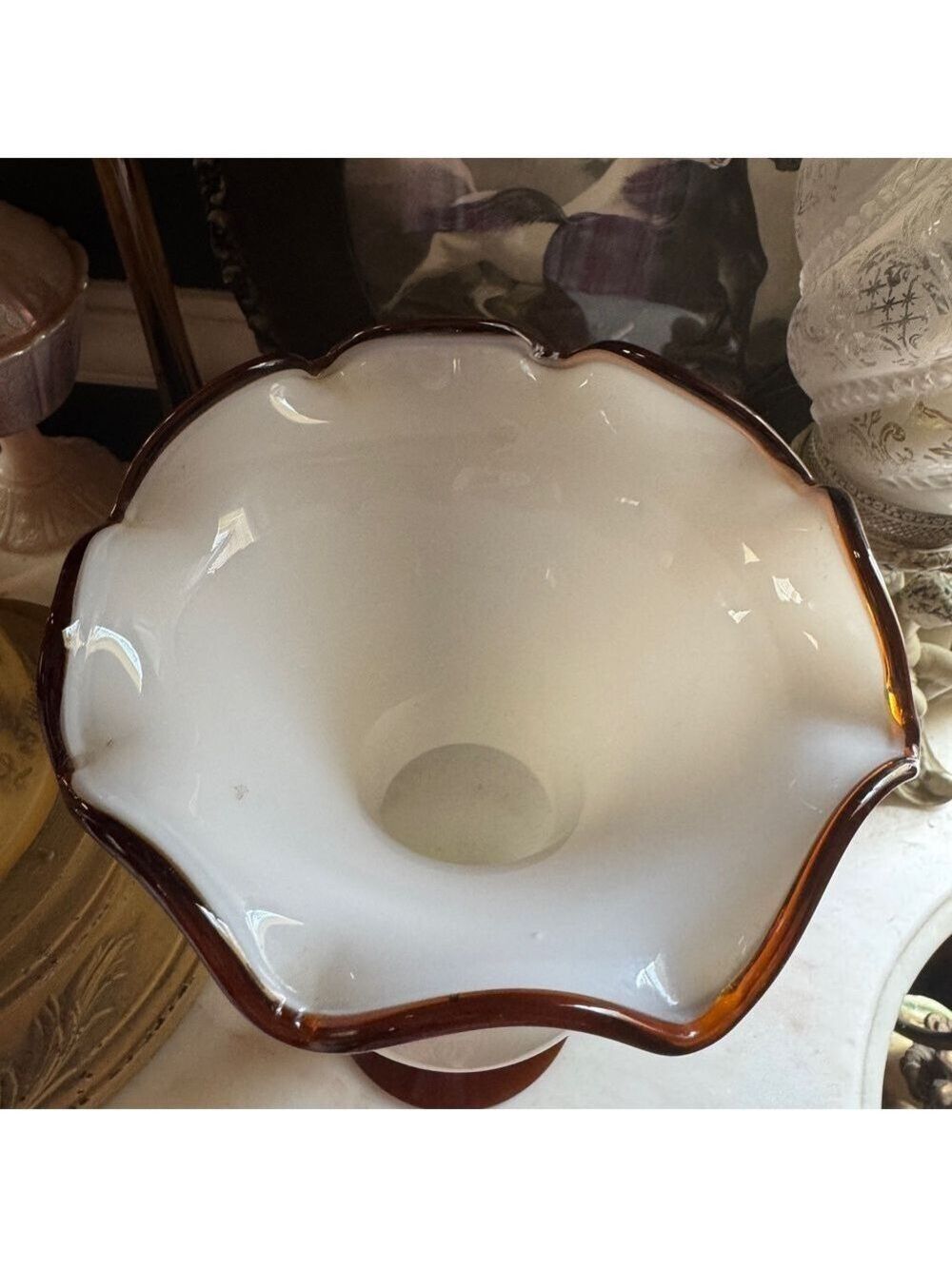 Vintage Empoli Style White & Caramel Glass Ruffle Edge Vase - Picture 2 of 5